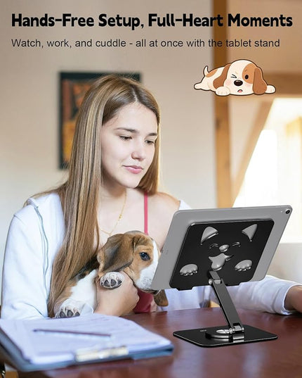 Aoviho Adjustable Tablet Stand for iPad - 360° Rotating Aluminum Desk Holder, Foldable Stable Stand for iPad Pro 12.9/11,Home Office & Travel,Great Gift for Mom & Teens, Black