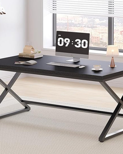 IBF Black Desk, Modern Computer Desk for Writing Study, Industrial Simple Home Office Work Desk in Bedroom, Wood Metal Pc Gaming Laptop Workstation Executive Computer Table, Black Oak, 60 Inch