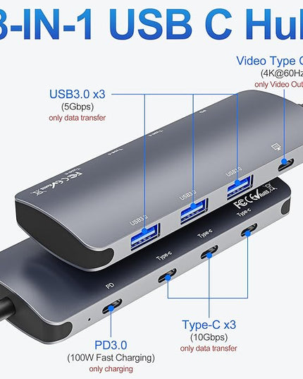 USB C Hub 10Gbps, USB C Splitter with 4K@60Hz Video Output, 100W Power Delivery Charging, Data Transfer, USB4 Hub Multiport Adapter for MacBook Pro/Air, iPad Pro, Mac mini and More Type C Devices