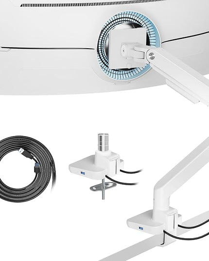 ARES WING Ultrawide Monitor Arms White with USB A/C, Heavy Duty Monitor Arm for 17 to 49 inch Screen, Holds 44 lbs, Adjustable Gas Spring Desk Mount with Clamp and Grommet Base