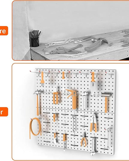 TORACK Metal Pegboard Wall Tool Organizer 24" x 24" or 12" x 48", 70 PCS Tools Storage Pegboard for Garage Peg Board Tool Organizer Board with Hooks for Workbench(Grey)