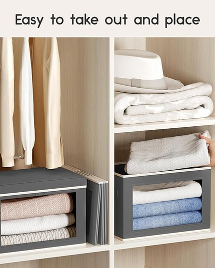 Collapsible Storage Bins with Lids - Stackable Storage Containers with Window, 6 Pack Fabric Cube Bins for Closet, Home & Office Organization Baskets, Dark Gray, 14.9" x 9.8" x 9.8"