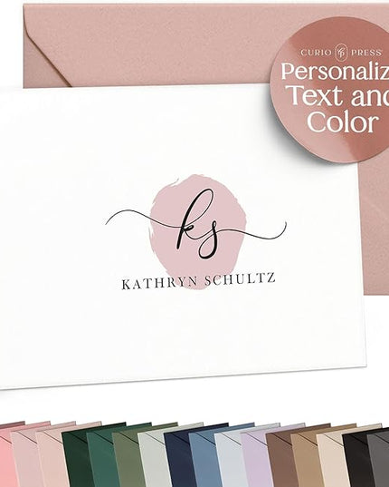 Curio Press Personalized Stationery for Women & Men - A2 Folded Note Cards with Monogram and Name, Fold Over Monogrammed Stationery Thank You Cards with Custom Notecards - Delicate Mono Fold