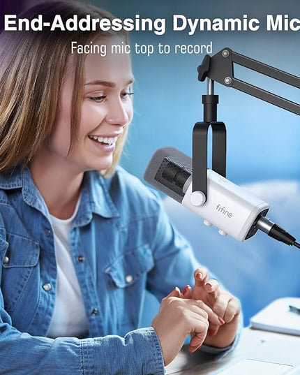 FIFINE Gaming XLR/USB Microphone Kit, Streaming Dynamic Mic Set for PC, Computer Mic for Vocal Podcast Recording Voiceover, with Headphones Jack, Gain Knob, Arm Stand-AmpliGame AM8T White