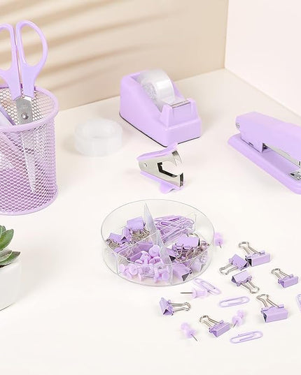 SKYDUE Purple Desk Accessories, Purple Office Supplies Set, Stapler, Tape Dispenser, Scissors, Binder/Paper Clips and 1000pcs Staples,Office Supplies for Women