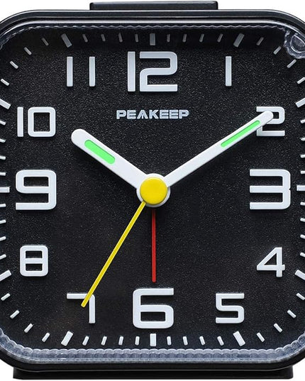 Peakeep 3D Numbers No Tick-Tock Analog Alarm Clock with Classic Beep Sound, Snooze, Manual Light and Battery Powered Small for Travel (Black-3D)