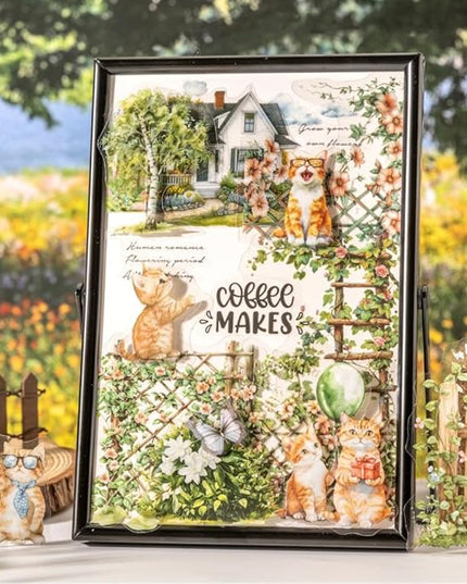 Dwpetzo 90Pcs Unique Transparent PET Stickers for Journaling, Garden Fence with Cat Landscape Stickers for Scrapbooking, Junk Journal Supplies, Collage, Planner