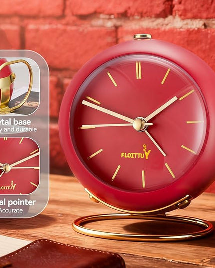 FLOITTUY Silent Table Analog Alarm Clock No Ticking, Lighted on Demand and Battery Operated, Beep Sounds, Small Desk Clock(Tomato Red)