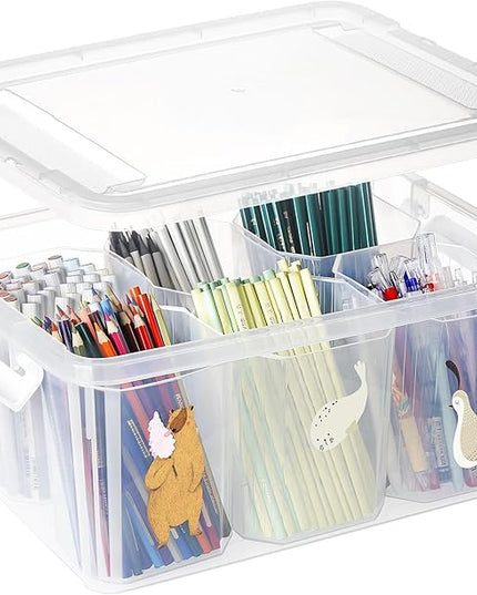 loobuu 17QT Plastic Storage Bins with Lids - 1 Pack Art Craft Supply Organizer Box with Brush Pot for Kids, Stackable Clear Pen Container for Toy/Sewing/Comestic/Tool/Playdoh (1 Pack)