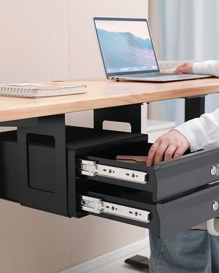 VEVOR Under Desk Double Stacked Lockable Slide Out Drawer, 13 inch Lockable Under Table Pull-out Drawer Attachment for Sit Stand Workstation, Secure Under Desk Storage Organizer, Black