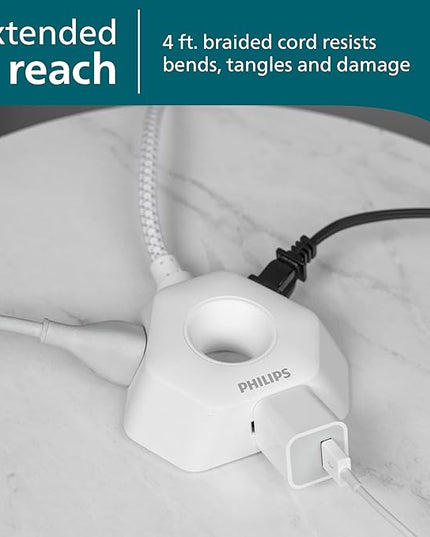 Philips EZGrip Indoor Extension Cord with Multiple Outlets, 3 Prong Grounded Cord, Short Extension Cord, Ergonomic Design, 16AWG, 4ft Braided Cord, ETL Listed, White, SPS3574W/37