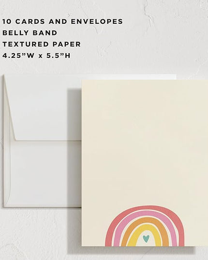 Minted Cheerful Stationery Set, Set of 10, Flat Note Cards & Envelopes for Invitiations and Handwritten Thank You Messages, Rainbow with Heart Accent, Gifts for Teachers, Luxurious Paper