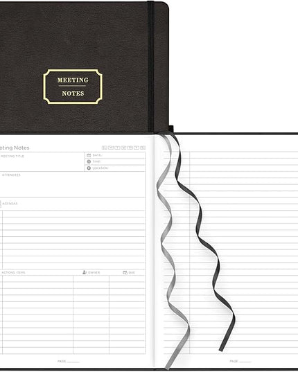 EMSHOI Meeting Notebook for Work with Action Items - 320 Pages B5 Thick Project Planner Agenda Organizer Work Notebook for Women Men Office Business Notes, PU Leather Hardcover, 7.5" x 10", Black