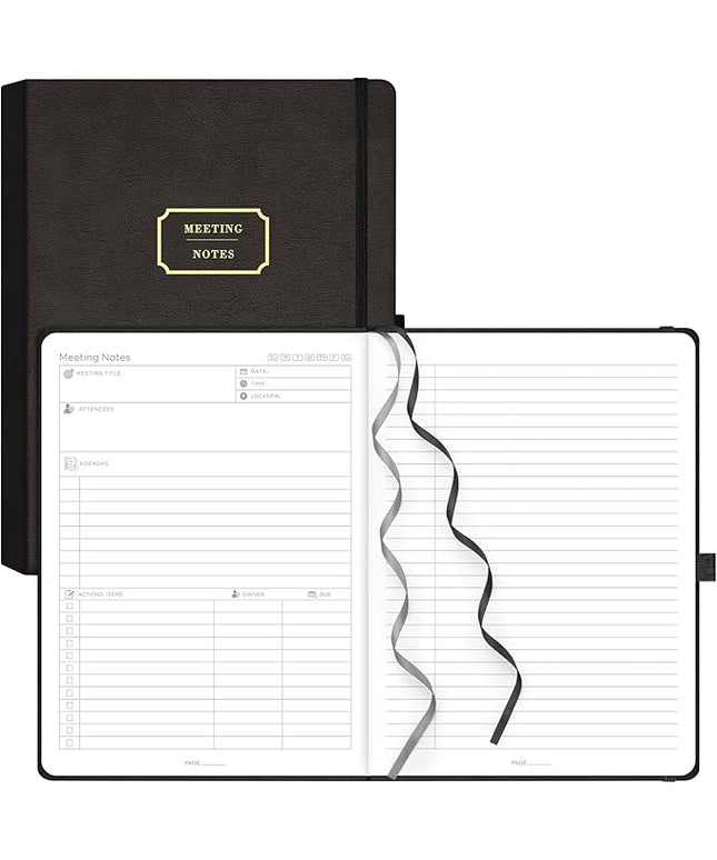 EMSHOI Meeting Notebook for Work with Action Items - 320 Pages B5 Thick Project Planner Agenda Organizer Work Notebook for Women Men Office Business Notes, PU Leather Hardcover, 7.5" x 10", Black