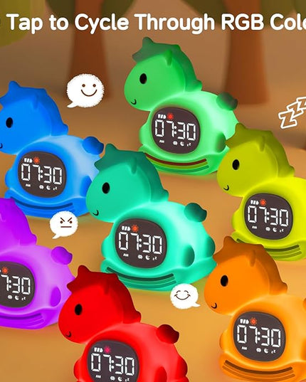 Cute Alarm Clock for Kids with Night Light, Sleep Training Clock Time to Wake Clock, Rechargeable Silicone Light for Bedroom, Perfect Sleep Companion for Boys Girls, Pink Pony