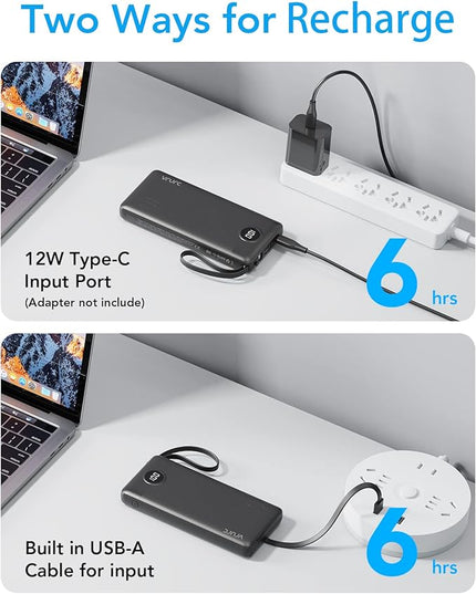 VRURC Portable Charger with Built in Cables, Slim Power Bank 10000mAh, USB C Battery Pack Travel Essential, 5 Outputs 2 Inputs Phone Charging Bank for iPhone 16 15 14 13,Samsung,Android-Black(1 Pack)