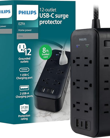 Philips Surge Protector, 12 Outlet, 2 USB-A, 1 USB-C, 17W, 3120J, Braided Cord, 8ft, Black