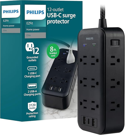 Philips Surge Protector, 12 Outlet, 2 USB-A, 1 USB-C, 17W, 3120J, Braided Cord, 8ft, Black