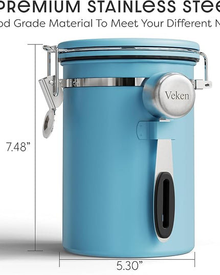 Veken Coffee Canister with Window, Airtight Stainless Steel Kitchen Food Storage Container with Lids, Date Tracker and Scoop for Grounds Coffee, Beans, Tea, Flour, Cereal, Sugar Jars, 22OZ, Blue