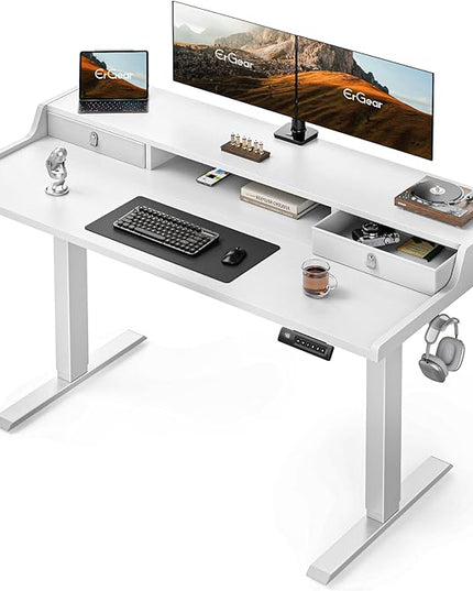 ErGear Electric Standing Desk with Drawers, 55″ x 28″ Gaming Table Compatible Monitor Stand, Stand up Desks, Home Office Height-Adjustable Desk with Storage Shelf, 4 Preset Heights, White