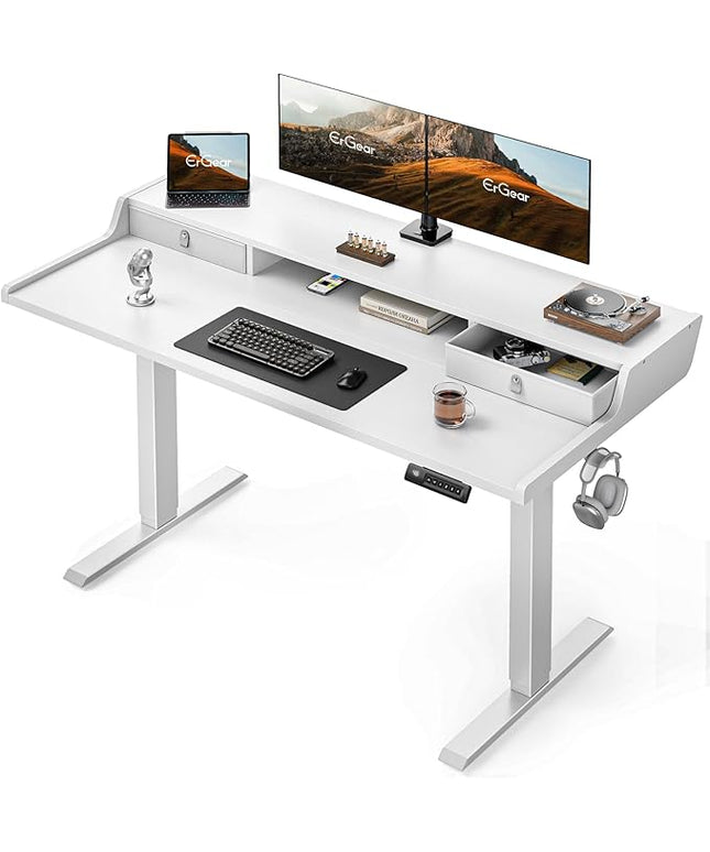 ErGear Electric Standing Desk with Drawers, 55″ x 28″ Gaming Table Compatible Monitor Stand, Stand up Desks, Home Office Height-Adjustable Desk with Storage Shelf, 4 Preset Heights, White