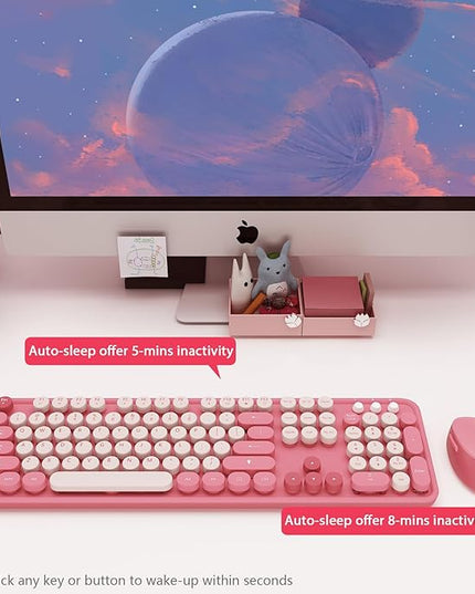 Wireless Keyboard,KOOTOP Cute Colorful 104 Keys Typewriter Retro Round Keycaps Keyboard for PC Laptop,Desktop,Windows, Home and Office Keyboards(Pink)