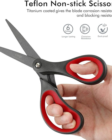 LIVINGO 2 Pack 8" Titanium Non-Stick Scissors, Professional Stainless Steel Comfort Grip, All-Purpose, Straight Office Craft Scissors for DIY(Red/Black)