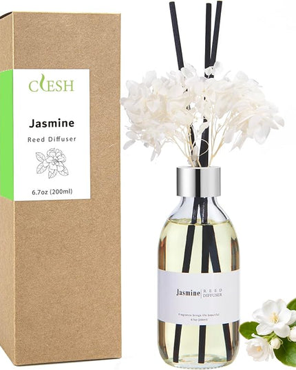Clesh Reed Diffuser Set, 6.7 oz Jasmine Scented Diffuser with Sticks, Home Fragrance Reed Diffuser for Bathroom Shelf Decor