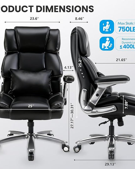 750lbs Heavy Duty Desk Chair with 3D Kneading Massage, Big and Tall Office Chairs with Ergonomic Support, 4D Armrests, 5 Quiet Dual Rubber Wheel, Thick Pocket Spring Cushion(Black, PU)