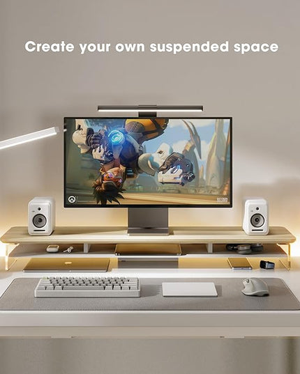 Fenge Acrylic Monitor Stand Riser, 42.5 Inches Dual Monitor Stand with Metal Storage, 2 Tier Acrylic Computer Riser for Desk, Clear Laptop Stand for PC, Laptop, Printer, TV, Oak