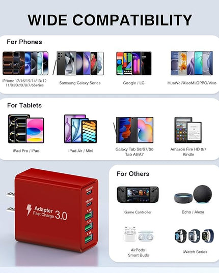 USB C Wall Charger Block, 2Pack 60W USB C Charger 5-Port PD Fast Charging Blocks,QC 3.0 USB A Multiport Plug,Type C Power Adapter Brick Cube for iPhone 17/16/15/14/13/Pro,Samsung,for Switch/Pixel（Red）