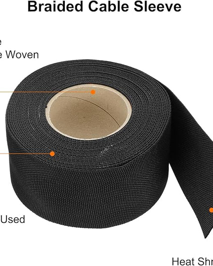 MECCANIXITY Braided Cable Sleeves Heat Shrinkable Fabric Sleeving, 1 9/16" 26ft Black 2:1 Ratio Heat Shrinkable Cord Protector for Harness Cable, Network Cable Protection, Cable Management