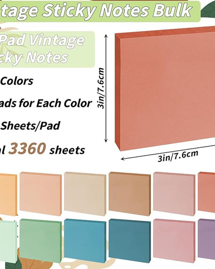 60 Pack Vintage Sticky Notes 3x3 12 Retro Colors Posted Note Adhesive Paper Memo Pads 56 Sheets/Pad Self-Stick Note Bulk Easy to Stick for Back to School Teacher Student, Office Supplies