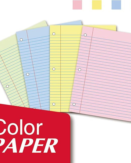 Kaisa Filler Paper Colored loose Leaf Paper, Wide Ruled 8x10.5in Colored Paper, 3-Hole Punched for 3-Ring Binders,100Sheets/pack 4Packs, FC10001W