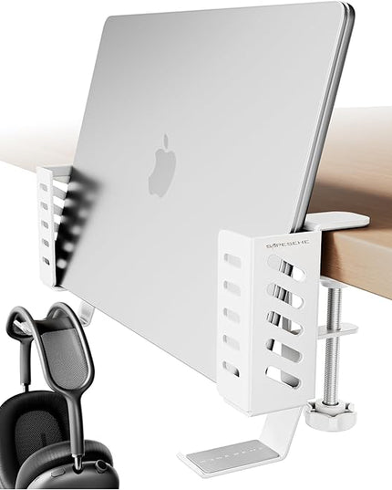 Desk Side Laptop Holder, Desk Side Storage, No Drill Side Desk Organizer, Side Desk Laptop Mount, Tablets Hanging Holder, Clamp on Desk Organizer for Laptops/Tablets/Keyboards/Headphone, White