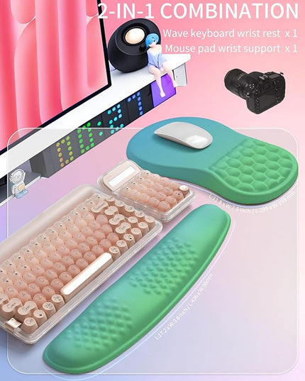Hokafenle 2in1 Combination, Wave Keyboard Wrist Rest and Ergonomic Curvature Mouse Pad Wrist Support for Relieve Wrist Pain, Filled with Soft Cushion Memory Foam, Gradient Green