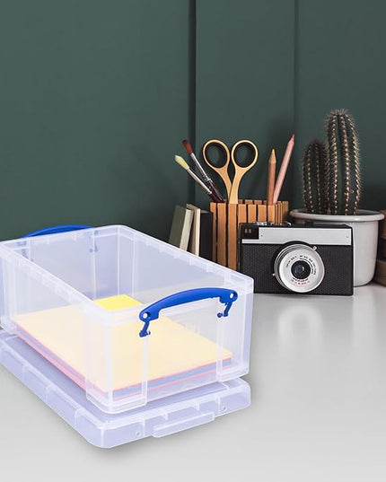 Really Useful Box 9 Liter Plastic Stackable Storage Container with Snap Lid & Built-in Clip Lock Handles for Home or Office Organization, Clear