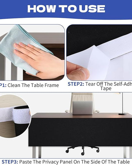 Under Desk Privacy Panel, 62"x15" Self-Adhesive Modesty Screen, Heavy Duty Canvas Skirt for Easy Privacy on Sit-Stand Desks in Home Studio & Office, Black (2-Pack)