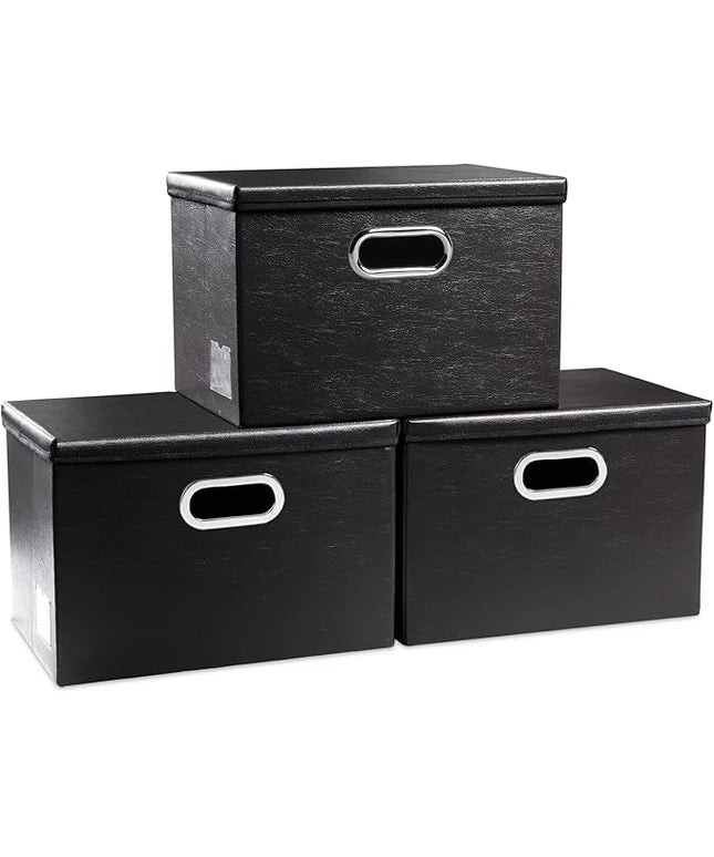 PRANDOM Collapsible Storage Bins with Lids [3-Pack] Leather Fabric Foldable Storage Boxes Organizer Containers Baskets Cube with Cover for Bedroom Closet Office Nursery Black (14.9x10.8x10)