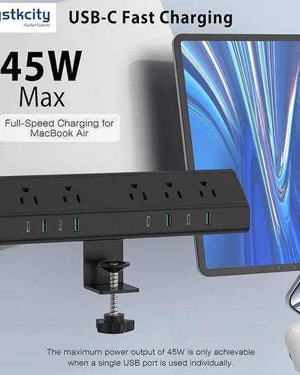 Jgstkcity Desk Clamp Power Strip,45W Fast Charging Station,4 USB-C,4 USB-A,Desk Mount Surge Protector,1875W Extension Cord with Multiple Outlets,ETL Listed,for Home Office Dorm Room