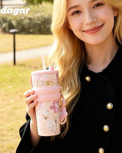 24 oz Stainless Steel Tumbler with Lid and Straw, Insulated Coffee Mug, Leak Proof, Portable Iced Travel Water Bottle, Reusable Thermal Coffee Cup, Floral Pink