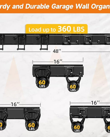 Garden Tool Organizer Wall Mount, Heavy Duty 48 Inches Garage Organization and Storage Racks for Yard Tools with 6 Hooks, Tool Hangers Holders for Hanging Folding Chair, Rake and Shovel