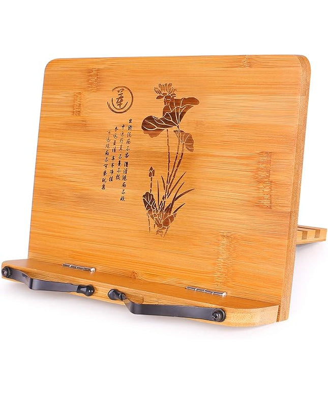 MEGREZ Bamboo Book Stand 11 x 8.0 inch, Foldable Cookbook Holder with 6 Adjustable Height, Reading Book Holder for Recipe, Music Book, Textbook, Tablet Stand, The Language of Lotus
