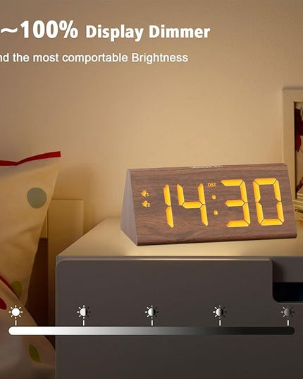 fomobest Wooden Digital Alarm Clock with Dual USB Charging Ports, DST, Dimmable, Snooze, Modern Large Time Display LED Clock for Kids Bedrooms, Living Room, Desk, Table, Bedside, Nightstand (Brown)