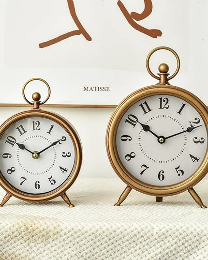 MACVAD EMAX Home Vintage Small Table Clock on Stand,Desk and Shelf Clock Decorative Farmhouse Mantel Non-Ticking Clock Rustic Metal Frame with Antique Gold Finish 9.3 Inch…