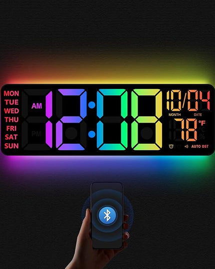 16" Digital Wall Clock with Night Light, Digital Clock with RGB Colors Changing Remote Control, Dual Alarm, Dimmer, Auto DST, Voice Control, Auto Time Sync, Clocks for Living Room, Gift for Elderly