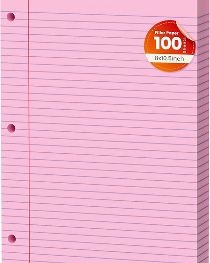 Pink Loose Leaf Paper 100 Sheets Colored Filler Paper 8 * 10.5 College Ruled 3-Hole Punched Paper for 3-Ring Binders Notebook Lined 8" x 10.5"