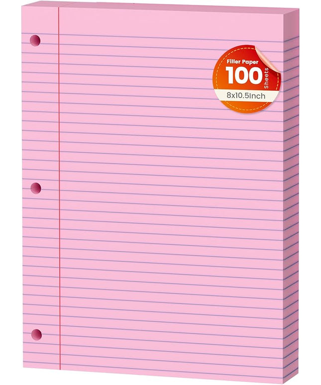 Pink Loose Leaf Paper 100 Sheets Colored Filler Paper 8 * 10.5 College Ruled 3-Hole Punched Paper for 3-Ring Binders Notebook Lined 8" x 10.5"