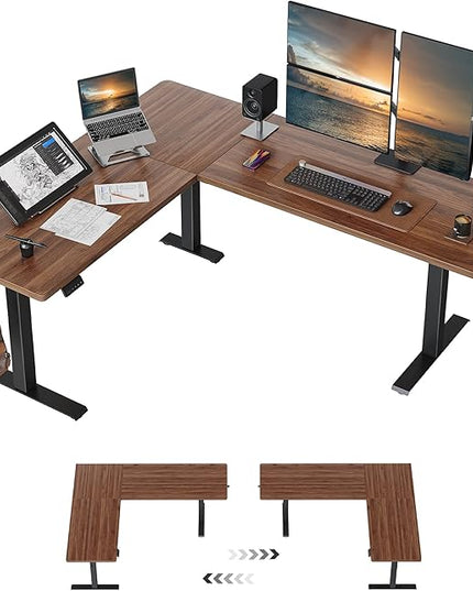 FEZIBO 63" x 55"L Shaped Standing Desk Adjustable Height, 63 Inch Electric Stand up Corner Computer Desk, Sit Stand Home Office Desk with Splice Board, Black Frame/Black Walnut Top