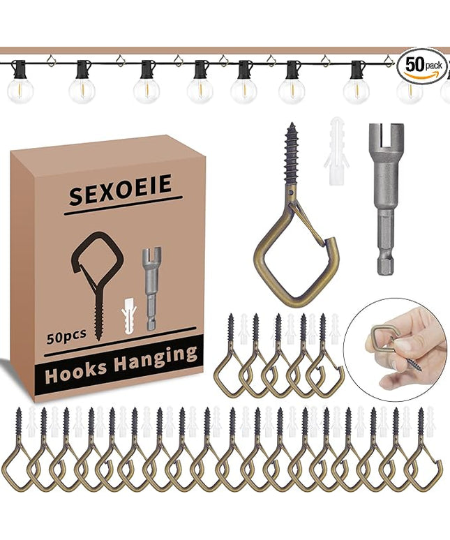 Sexoeie 50 PCS Bronze Eye Screw Hooks for Hanging Heavy Duty with Safety Buckle.Metal Ceiling Hooks for Hanging Plants Cup Wind Chime Bird Feeders Patio Lights at Indoor&Outdoor